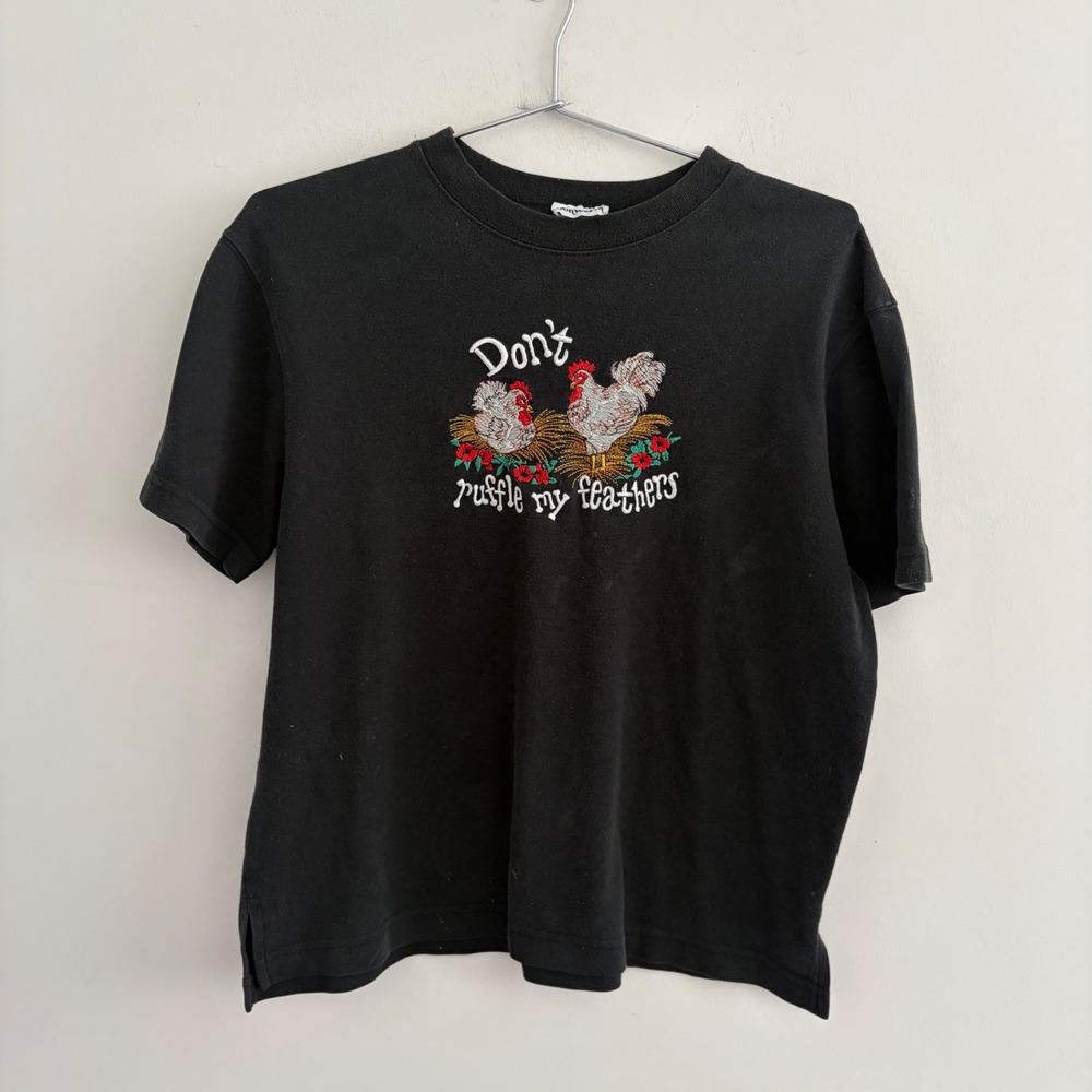 BonWorth Dont Ruffle My Feathers Chicken Embroidered T-Shirt Black Small Petite